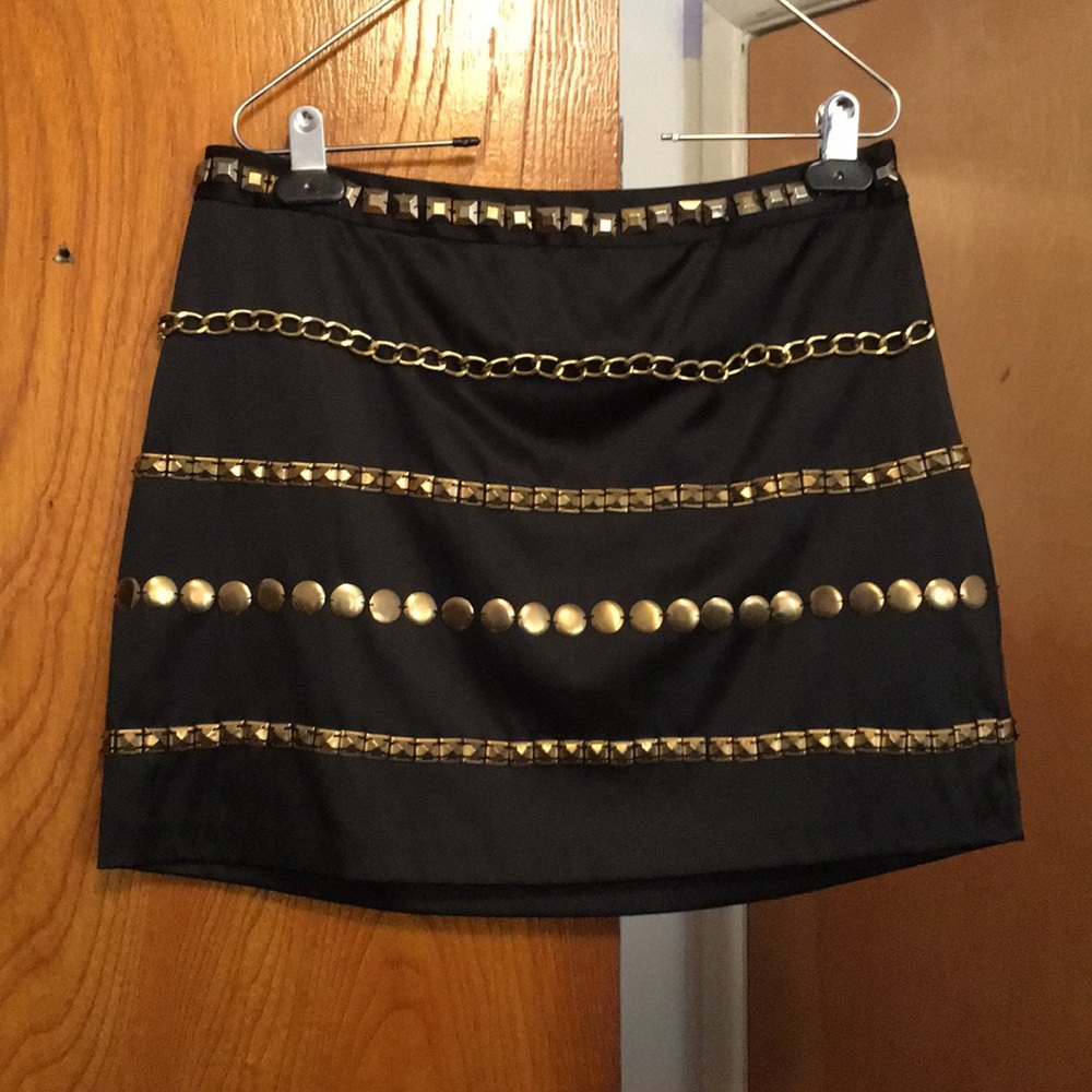 Black Satin Miniskirt with Gold Chains